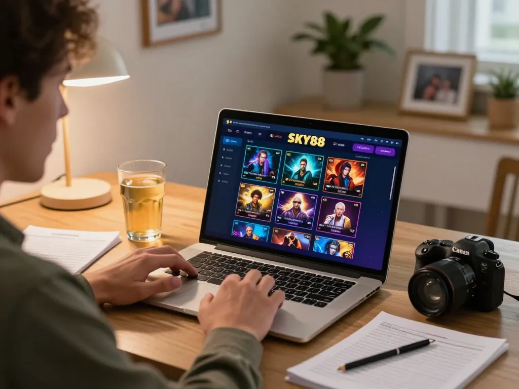 Engaging with SKY88 online casino gaming while enjoying a cozy home environment, depicting strategic play.