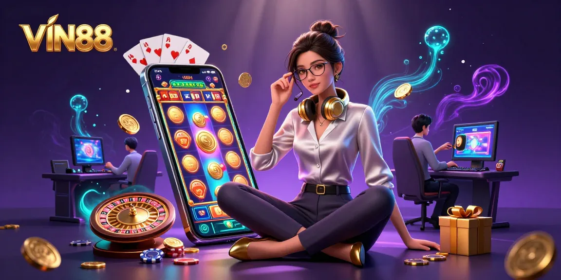 Experience thrilling slot gaming action with VIN88 as golden coins erupt and colorful reels spin.