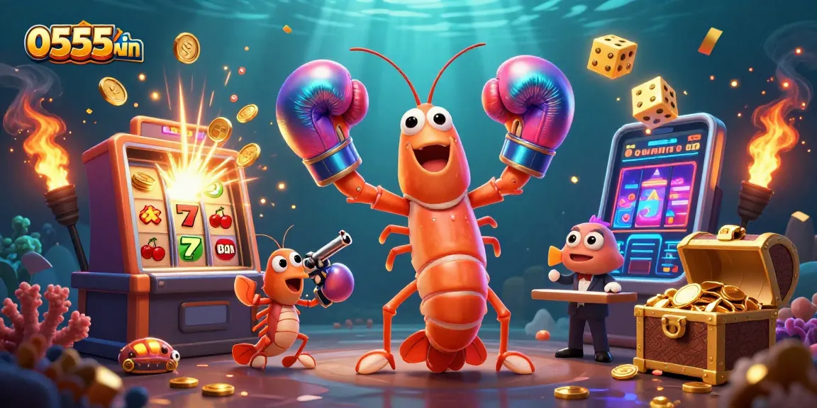 Experience the thrill of winning at 0555win casino with an exciting 3D shrimp boxing showdown amidst dynamic jackpots and gaming elements.