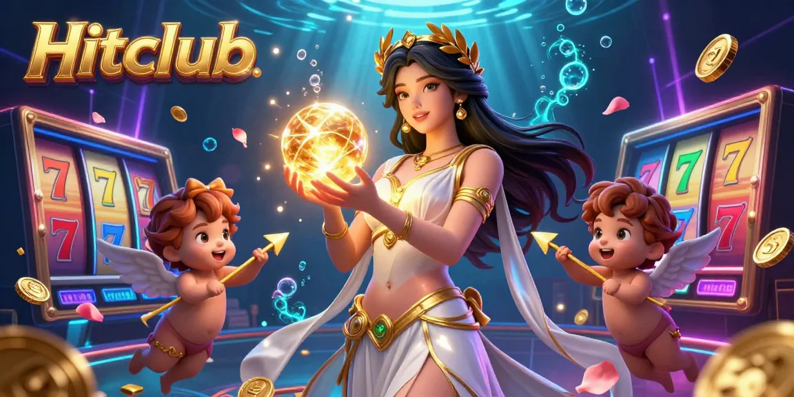 Hitclub enhances gaming experience with vibrant slot reels and golden elements in a dynamic casino scene.