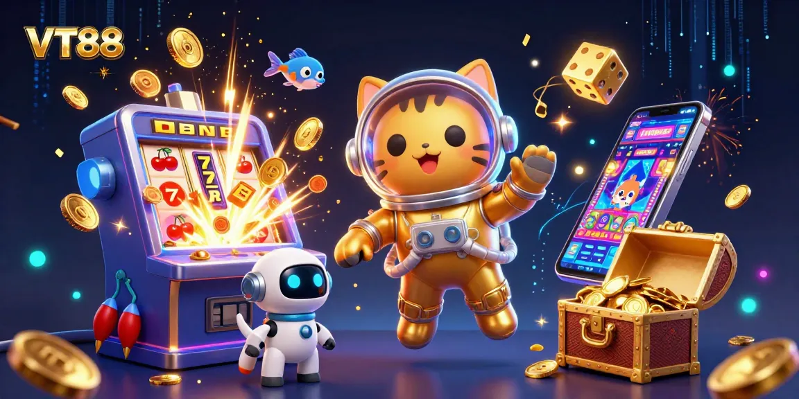 VT88 unleashes jackpot excitement with vibrant casino-themed 3D illustration of space motifs.