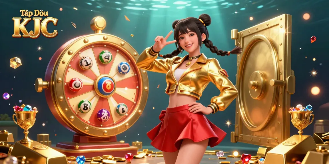 Tập Đoàn KJC showcases a vibrant casino scene with a joyful Asian woman surrounded by colorful lottery balls and gold treasures.
