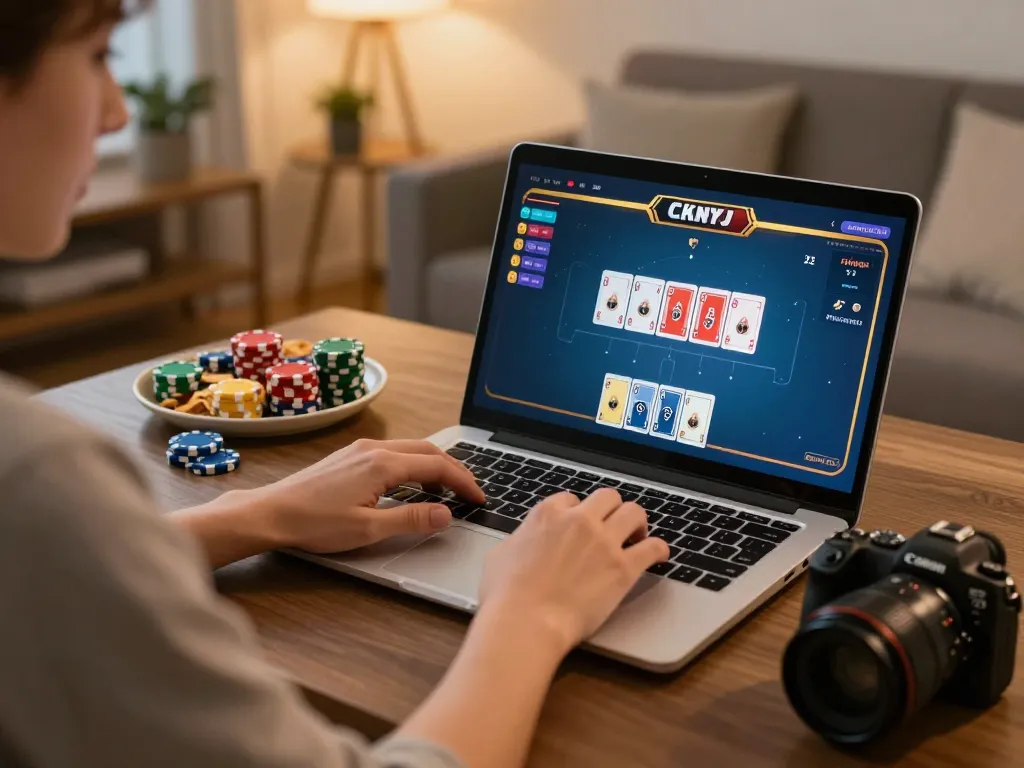 Engaging in online poker gameplay at home with lc88 on the laptop, cozy setting highlights strategic focus.