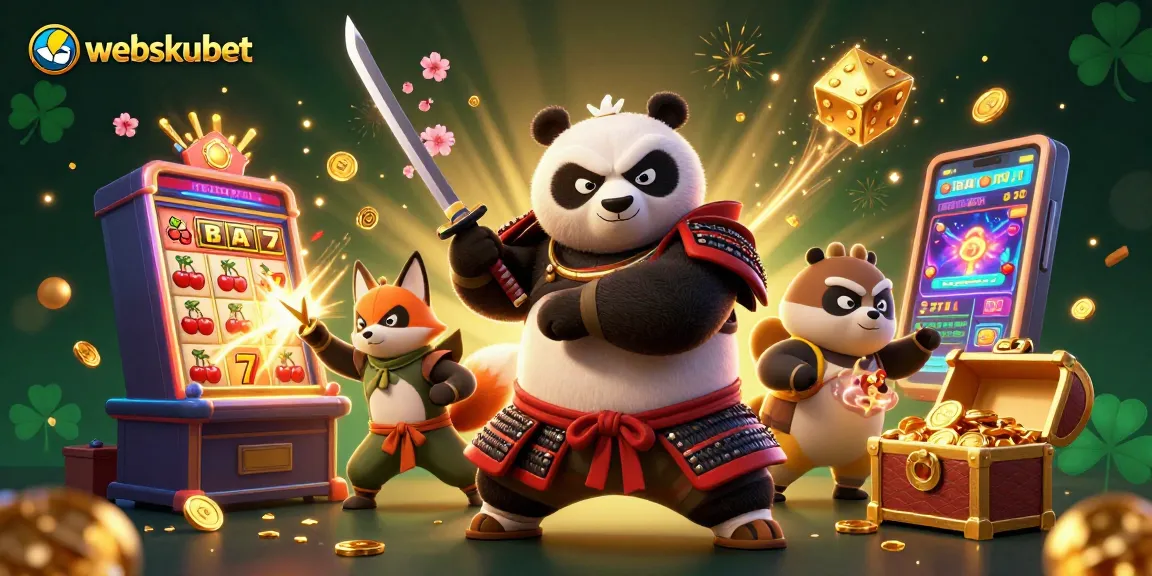 Experience thrilling gameplay at webskubet with a vibrant cartoon scene featuring samurai panda and golden casino elements.