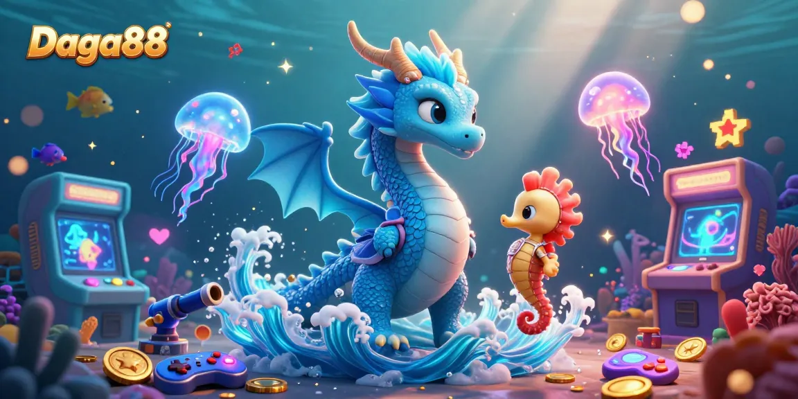 Daga88 inspires vibrant underwater gambling action with a 3D water dragon, coral knight, and neon jellyfish.