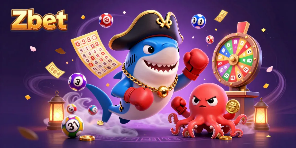 Zbet showcases a pirate shark, pufferfish, and octopus in a vibrant casino scene, adding excitement to gambling.