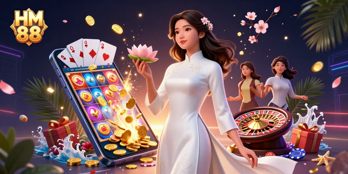 Experience HM 88's vibrant slot gaming with elegant character amid dynamic casino action.