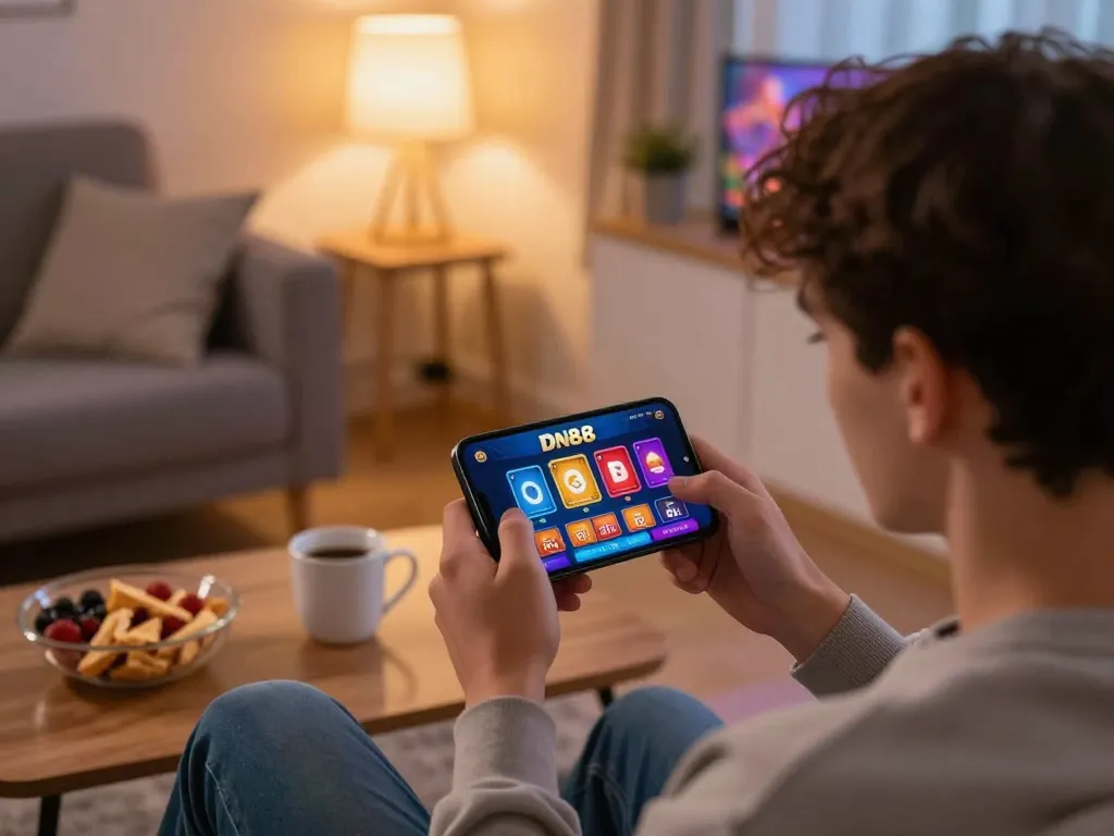 Player engaging in DN88 casino app on smartphone while relaxing at home, illustrating modern mobile gambling.