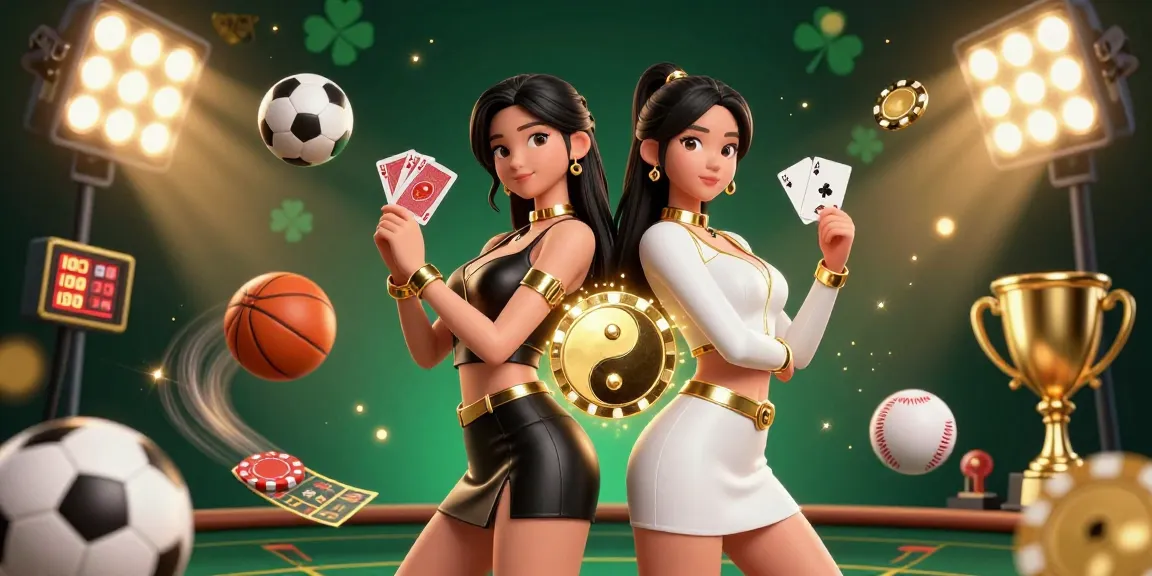 Experience the thrill of 99OK through twin Asian women holding playing cards, surrounded by dynamic casino elements.