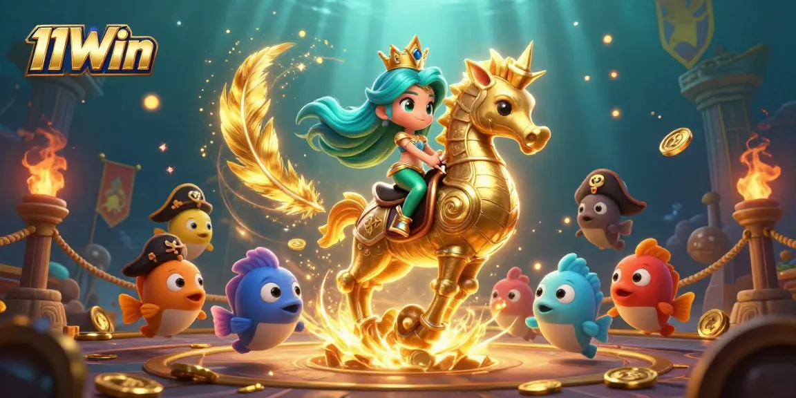 Engage with 11Win's exciting gaming vibes in a vibrant 3D cartoon scene filled with action.