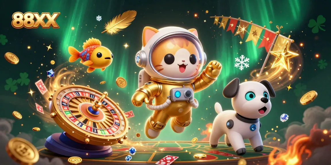 Betting with 88XX as a cartoon space astronaut cat and robot dog showcase a colorful casino scene.