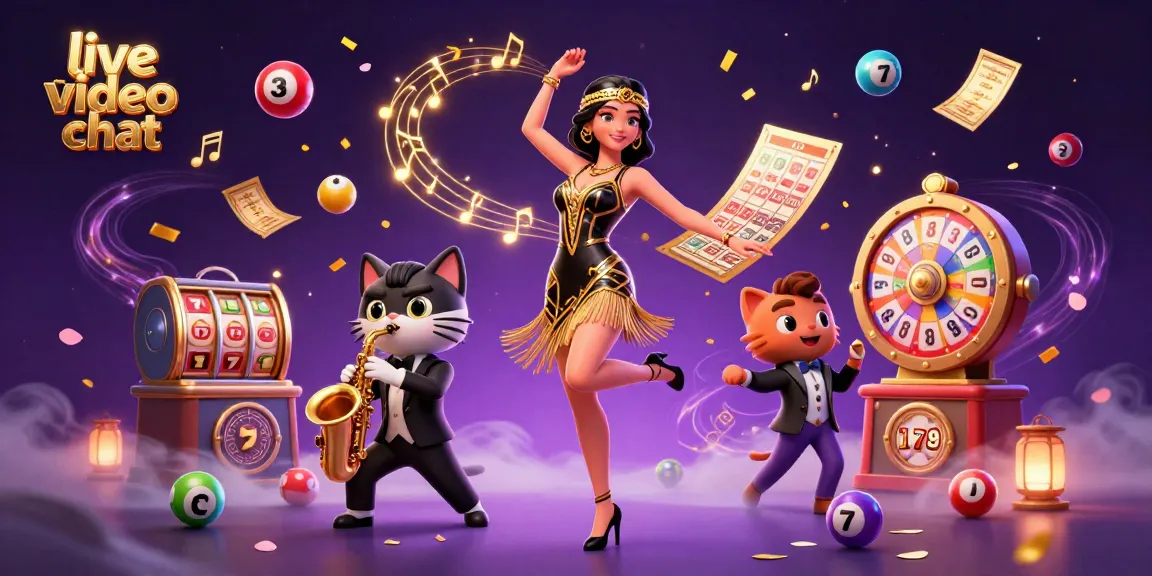 Engage in live video chat with vibrant, dynamic casino elements and characters in a lively illustration.