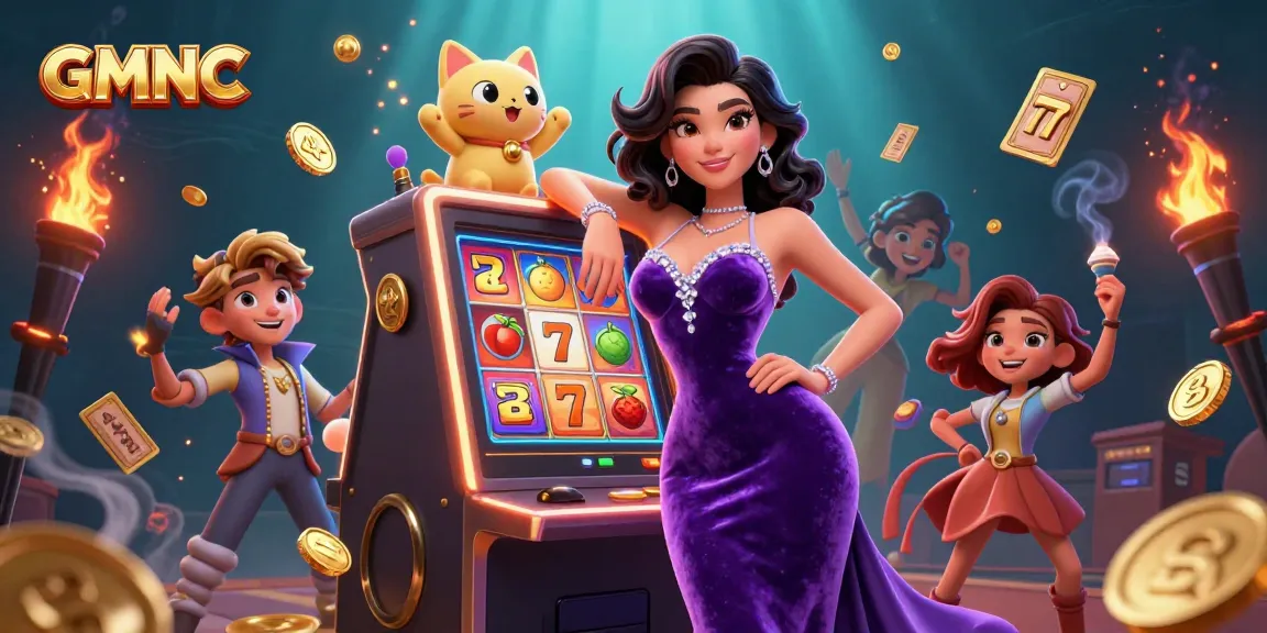 Experience the thrill of GMNC slots with a glamorous jackpot scene featuring a 3D woman and lucky cat.