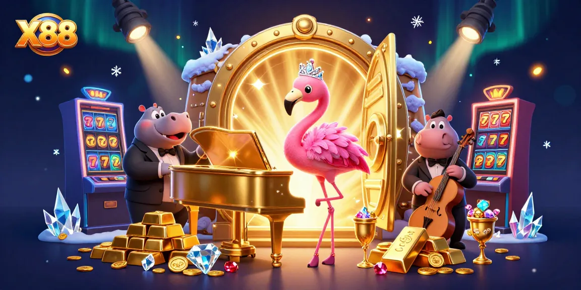 X88 brings vibrant energy of online casinos to life with playful flamingo singers and treasure.