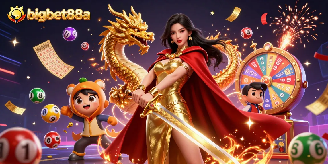 Engage with bigbet88a and explore vibrant lottery-themed 3D digital illustration featuring a warrior queen.