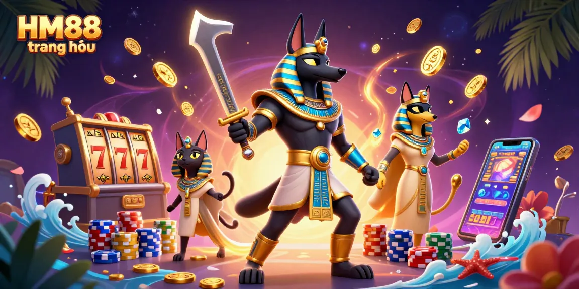 Experience dynamic gaming excitement with HM88 trang chủ, featuring Anubis and Bastet amidst casino treasures.