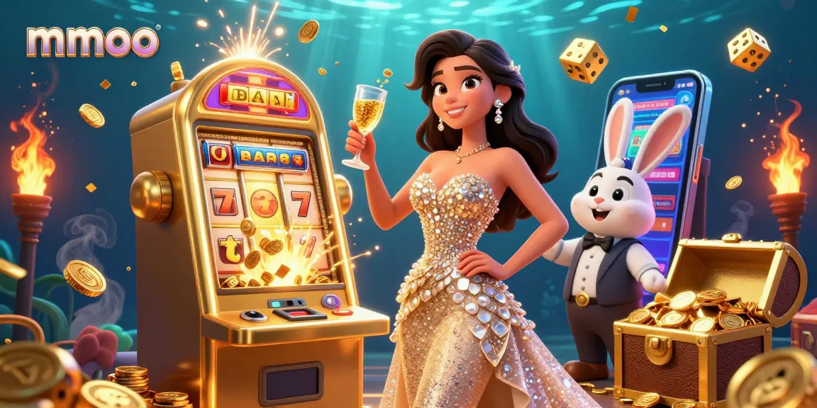 Experience excitement at mmoo with a stunning woman celebrating near a golden jackpot slot machine.