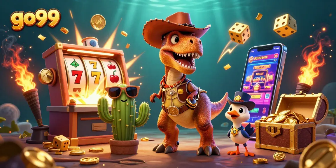 Spin to win at go99 with a lively 3D dinosaur-themed casino scene overflowing with luck and jackpots.