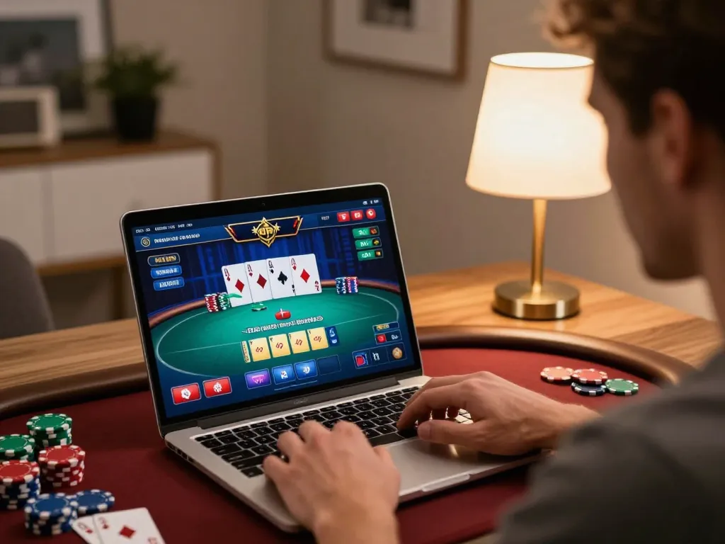 Player enjoying LODE88 high-stakes poker game on a laptop in a cozy home office environment.
