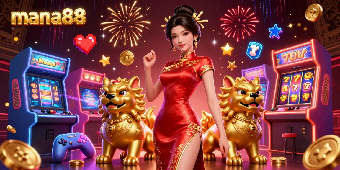 Engage with mana88's thrilling gaming atmosphere featuring a stunning Asian hostess amidst glorious slot symbols.