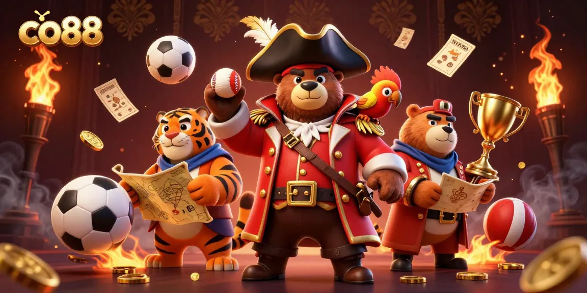 Engage in thrilling betting experiences with co88, featuring a cartoon pirate bear and dynamic sports elements.