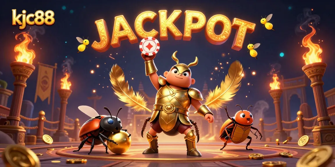 KJC88 showcases a victorious hercules beetle amid a vibrant casino atmosphere, celebrating a jackpot win.