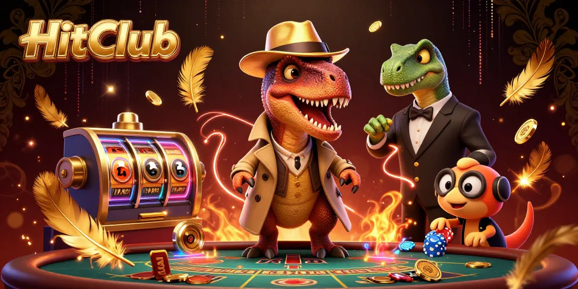 Engage with HitClub's innovative gaming experience featuring a velociraptor at a blackjack table amidst dynamic casino elements.