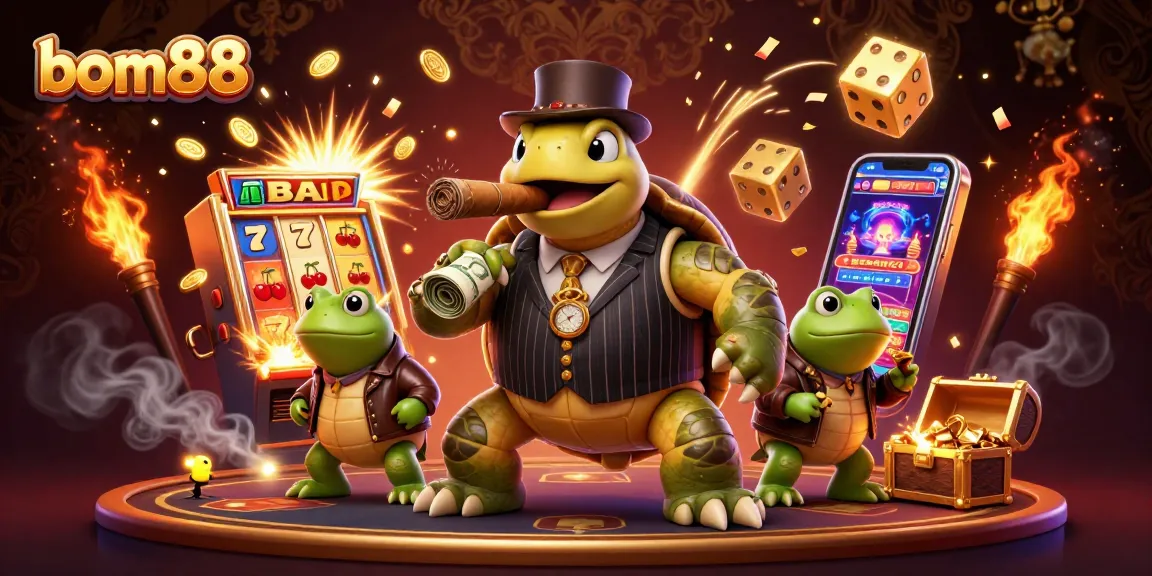 Experience the excitement of bom88 with a vibrant 3D casino scene featuring a unique turtle and frog characters amidst thrilling slot machine action.