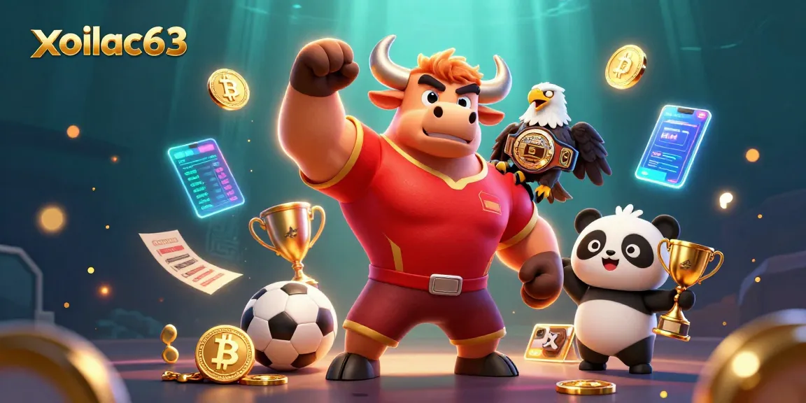 Xoilac63 showcases a vibrant sports betting celebration with a cartoon bull, eagle, and panda holding trophies.