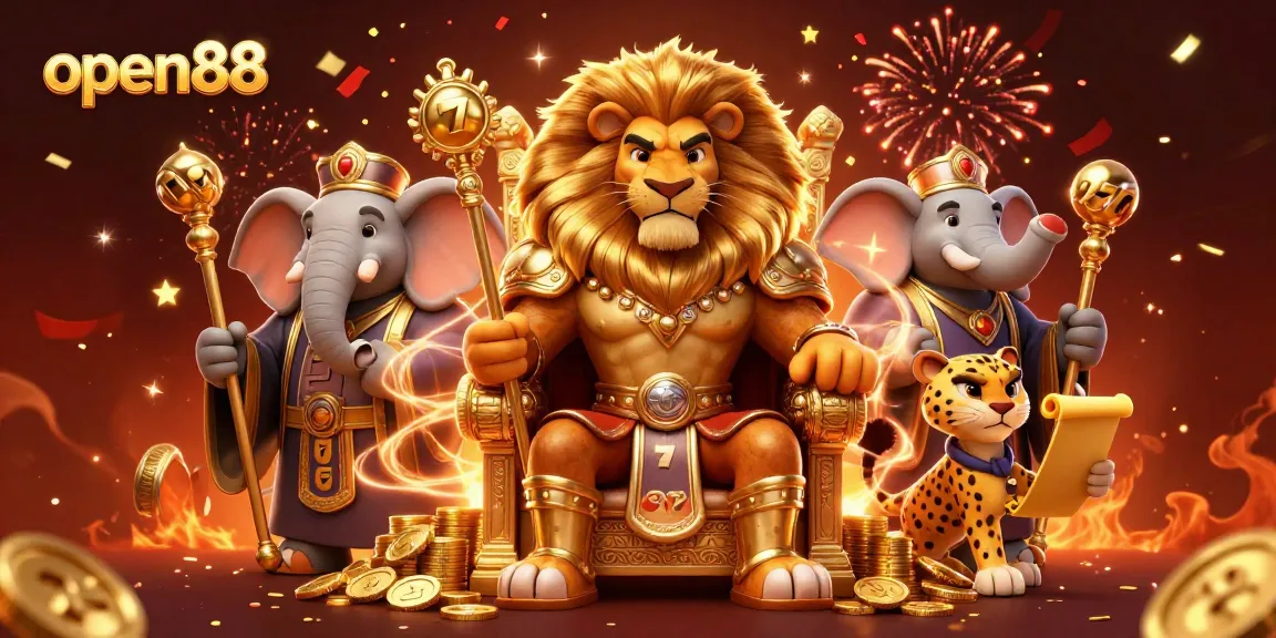 Experience the excitement of open88 with a thrilling 3D illustration featuring a lion king, elephant advisor, and cheetah messenger in a vibrant casino scene.