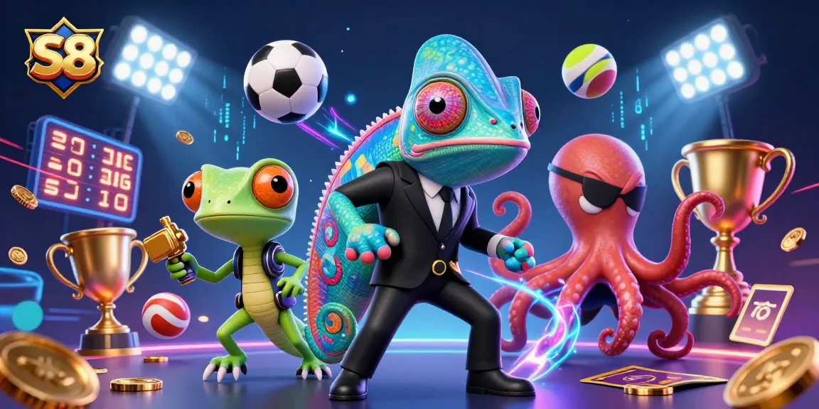 S8 promotes action-packed gaming with a vibrant 3D scene showcasing casino elements and characters.