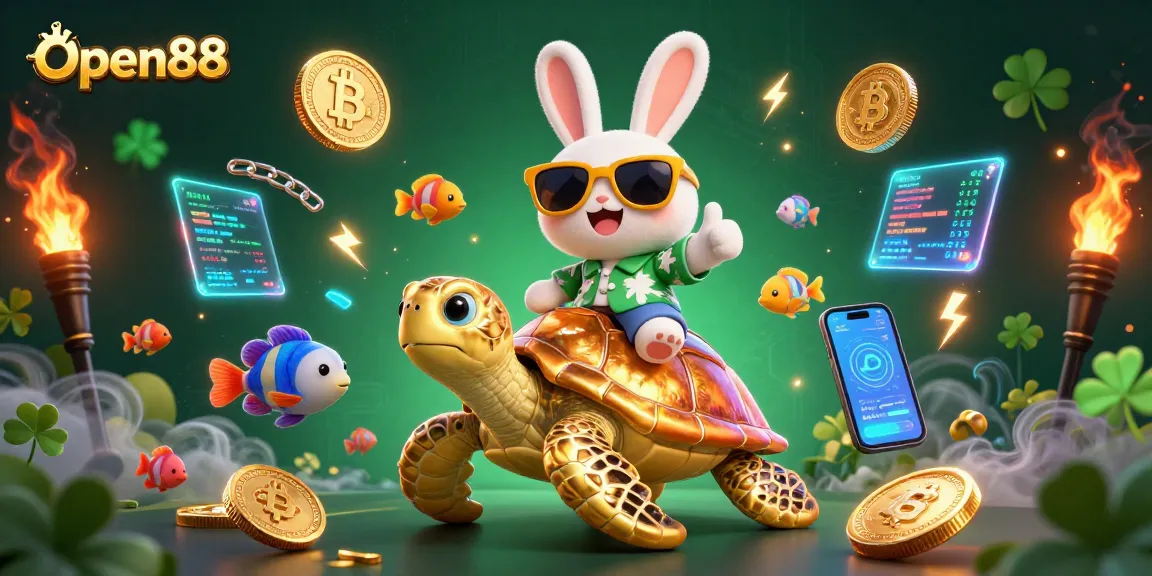 Open88 players enjoy exhilarating gaming with a charming cartoon rabbit and turtle in this vibrant casino scene.