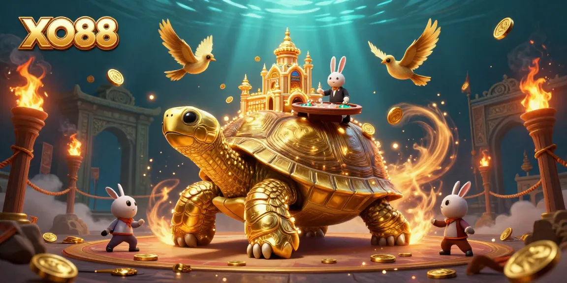 Experience thrilling gaming at XO88 with a golden tortoise casino scene and rabbit dealer.