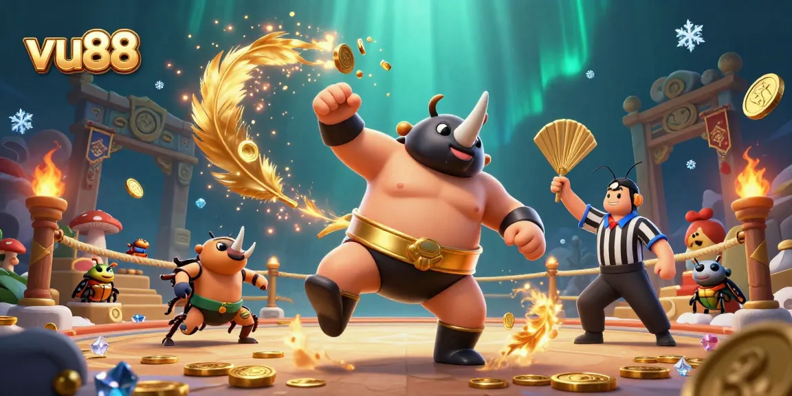 Experience thrilling gameplay at vu88 with an epic beetle match surrounded by golden coins and dynamic casino elements.