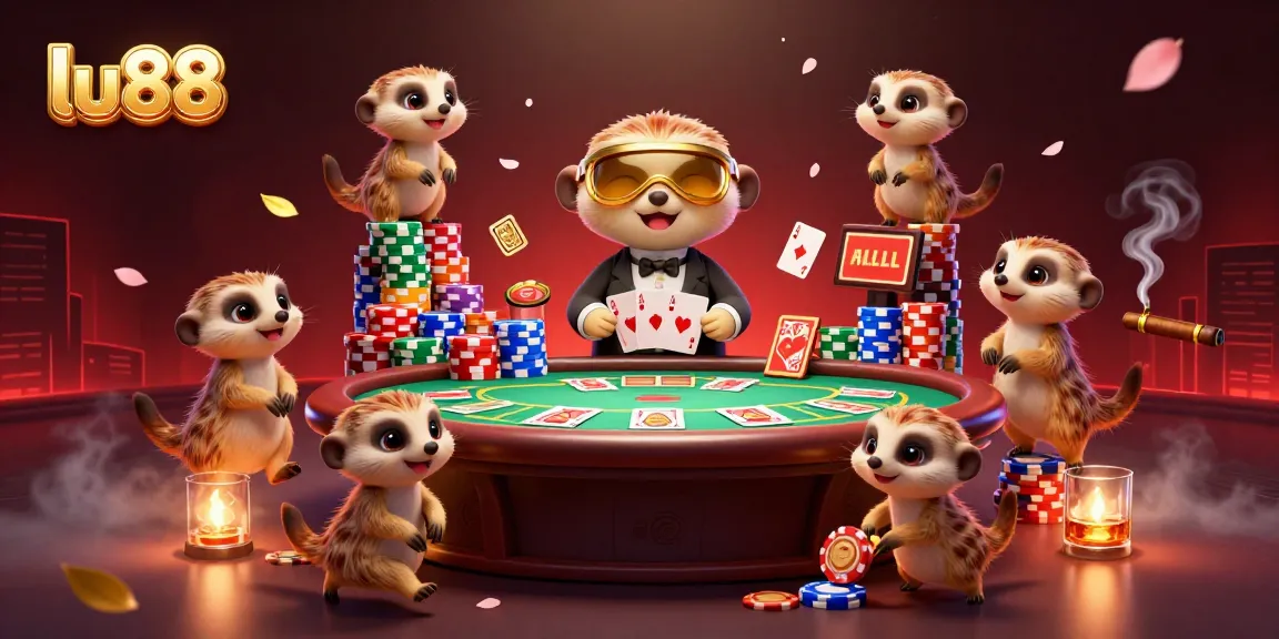 Engaging lu88 casino scene showcasing meerkats in a vibrant poker game atmosphere.