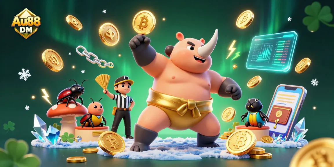 Engage with Au88 DM as the 3D beetle champion celebrates wins with cascading coins and crypto elements.