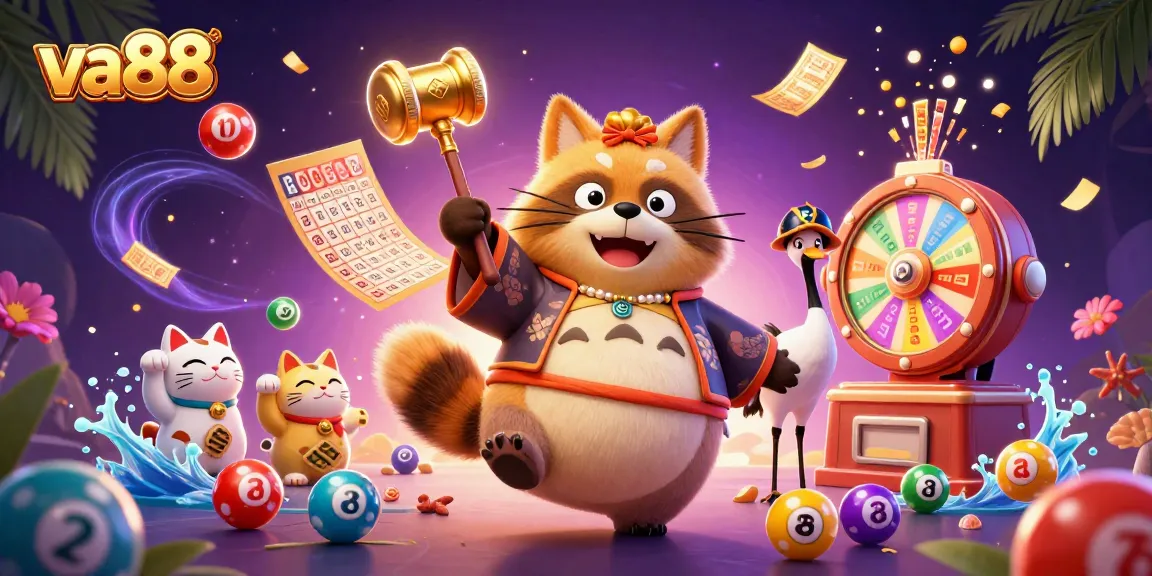 Engage with va88's vibrant gaming experience featuring a cheerful tanuki and dynamic casino elements.