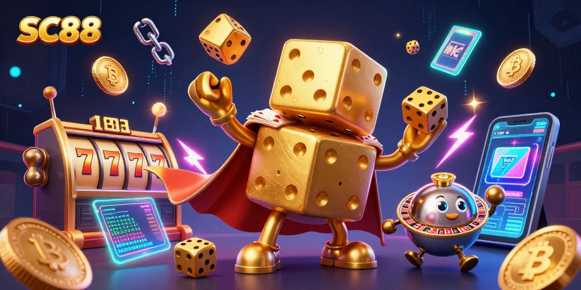 Join SC88's thrilling casino experience with golden dice, slot reels, and vibrant cryptocurrency elements.