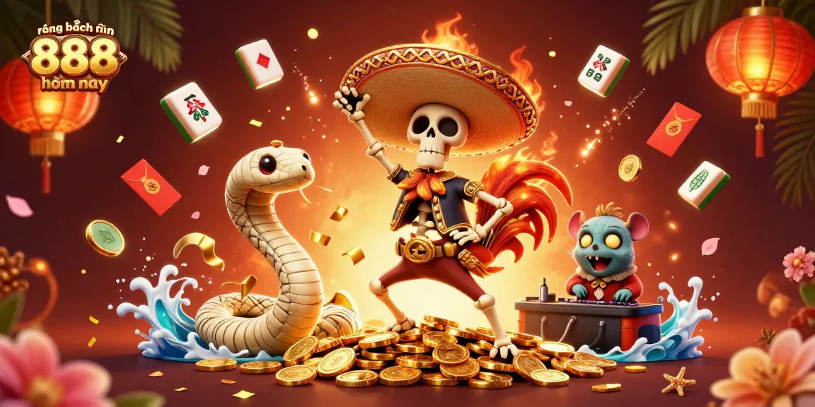Experience rồng bạch kim 888 hôm nay as the skeleton rooster dances amidst gold coins in a vibrant fiesta.