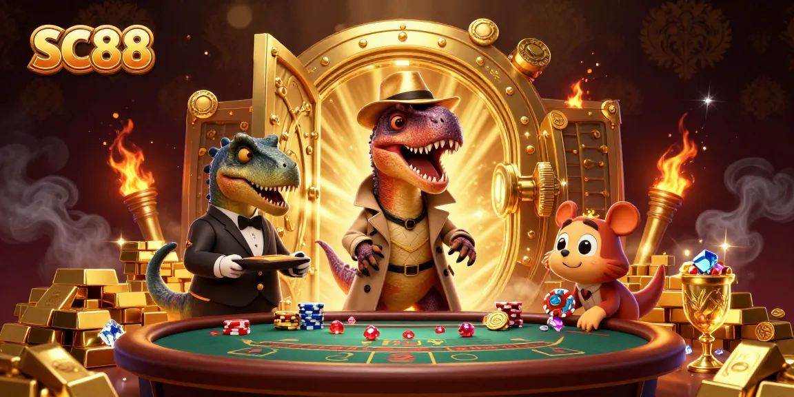 Experience thrilling action at SC88 with a velociraptor card counter and vibrant casino elements.