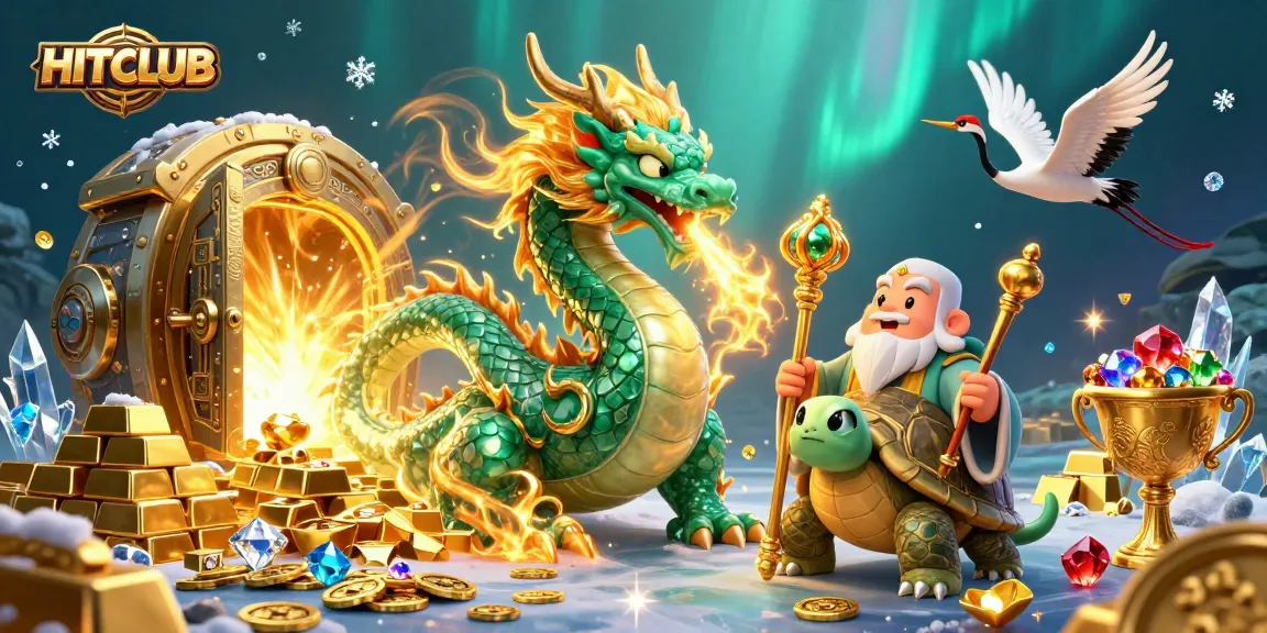 Experience HITCLUB's thrilling gaming adventure with a vibrant 3D dragon, treasures, and dynamic casino elements.