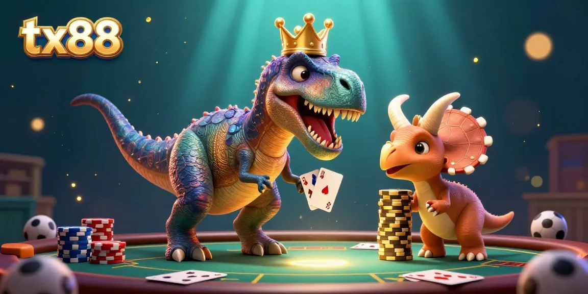 Casually betting at tx88 with T-Rex, pterodactyl, and triceratops in a vibrant casino.