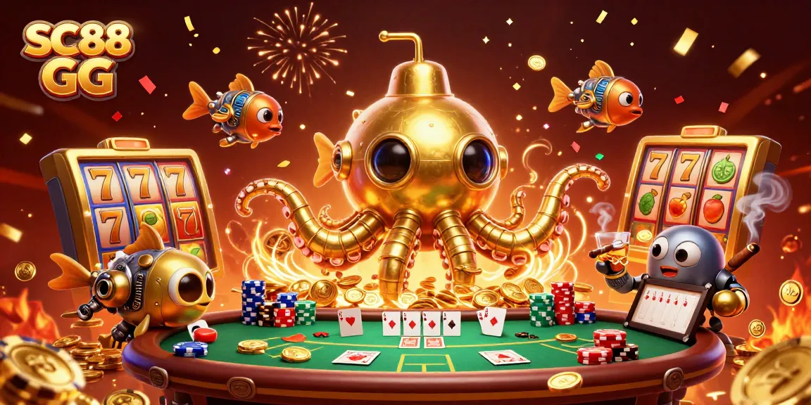 Experience SC88 GG's vibrant gaming scene with a golden kraken and lively slot elements.