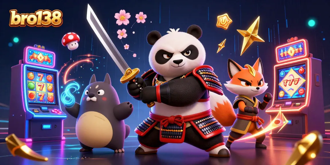Unleash fun at bro138 with a samurai panda and ninja fox in a vibrant casino setting.