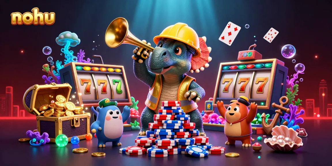 Nohu players celebrate winning jackpots in a vibrant casino-themed illustration filled with colorful game elements.
