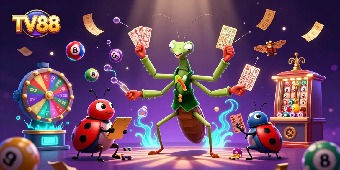 Engage with TV88's vibrant casino scene featuring a giant mantis and ladybug pit boss in dynamic action.