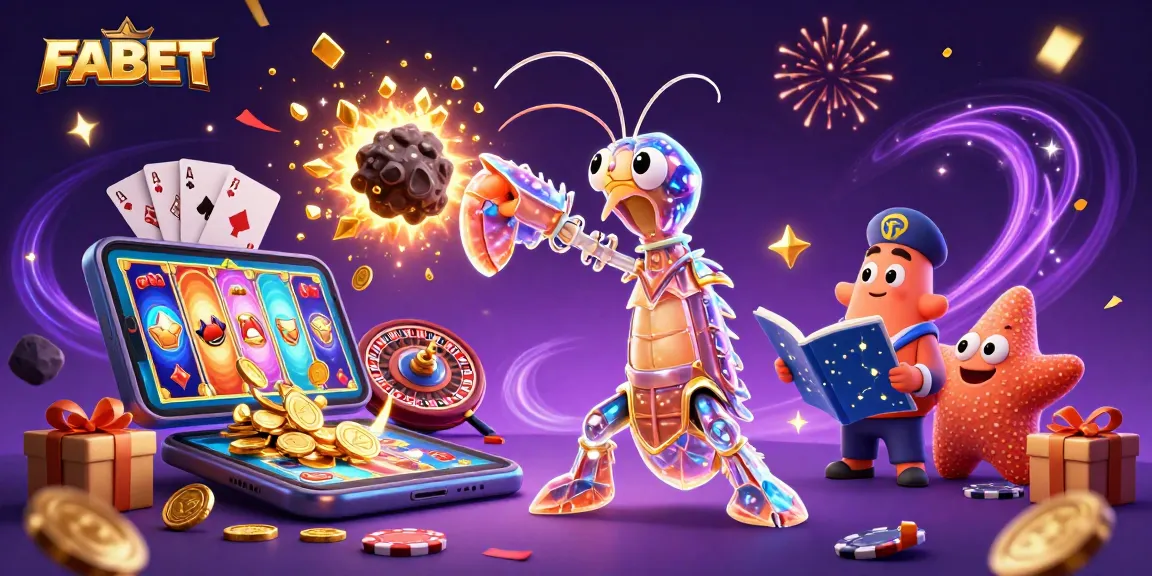 Win big with FABET in this vibrant 3D casino illustration full of slots and prizes.