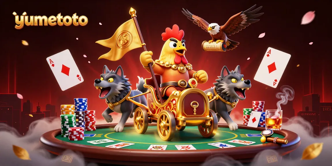 Experience the excitement at yumetoto with a vibrant 3D illustration of battles and poker action.