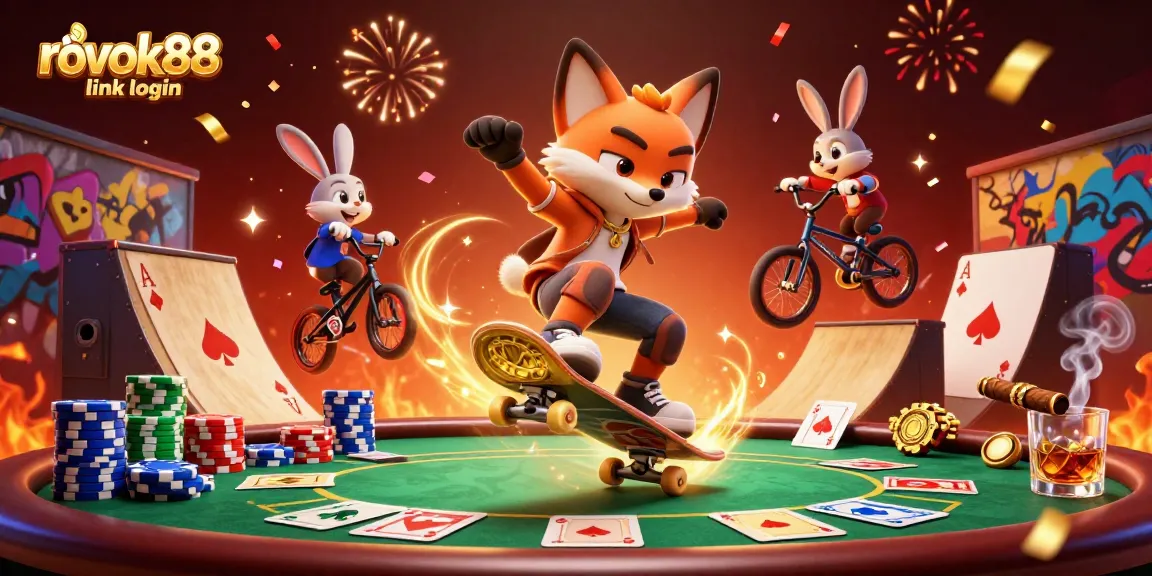 Engage with rokok88 link login while enjoying a vibrant casino-themed scene featuring playful characters and action.