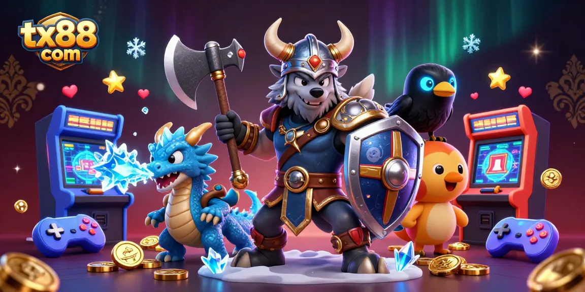 Experience excitement at tx88 com with a fierce Viking warrior, dragon, and gaming elements in a vibrant casino setting.